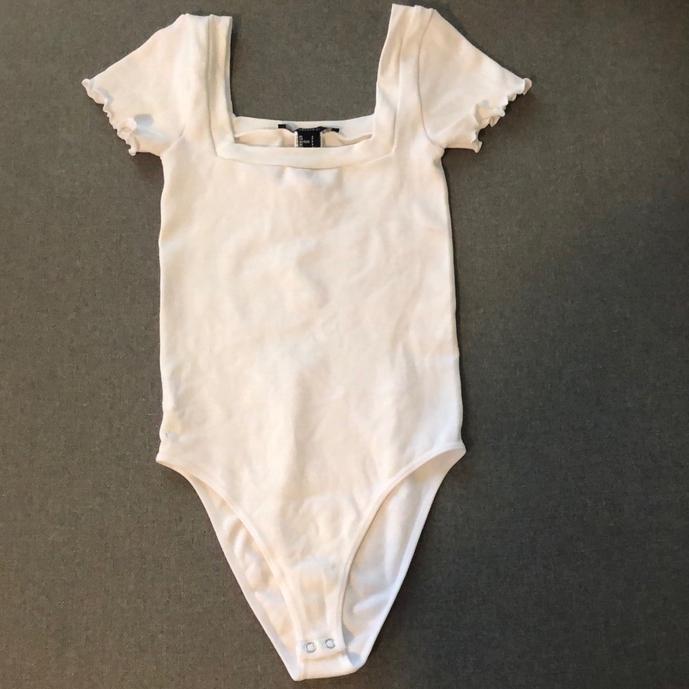 Forever 21 white Square Neck Lettuce-Edge Bodysuit
